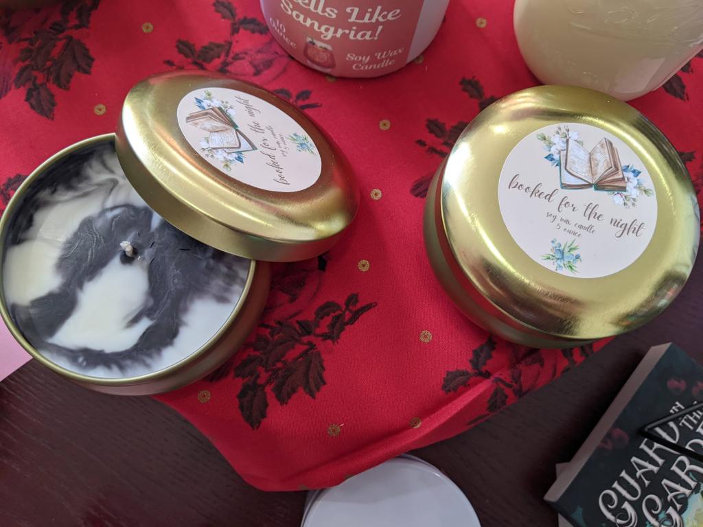 Pretty Okay Candles Display showing Booked for the Night scent
