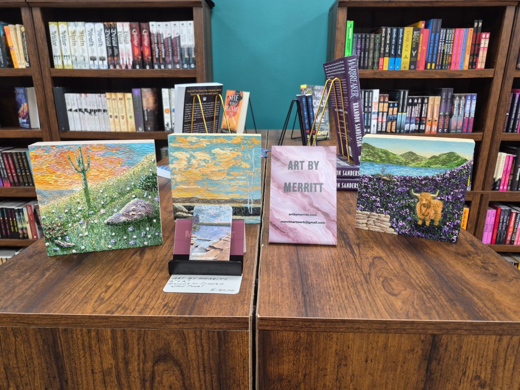 Art by Merritt: 3 paintings with artist display name and business cards